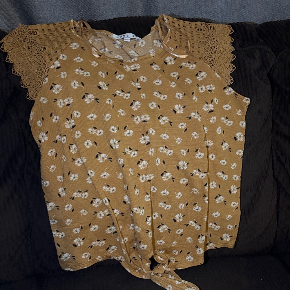 Love J Mustard Floral Blouse with Lace Sleeves